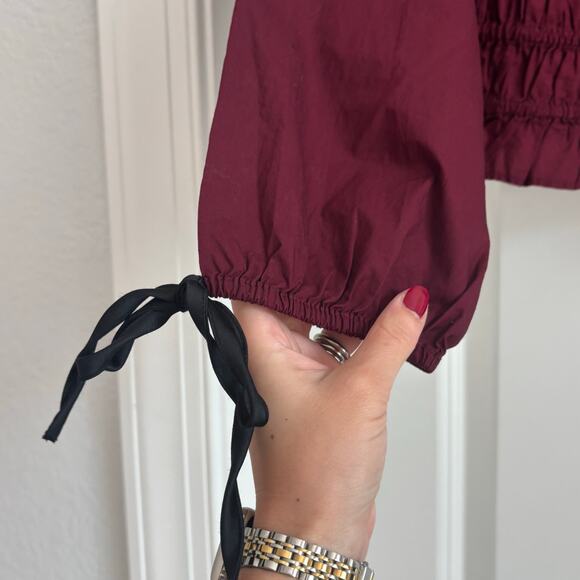 American Eagle Long-Sleeve Ruched Poplin Blouse Red Sz L Prarie Vamp Milkmaid - Picture 9 of 12